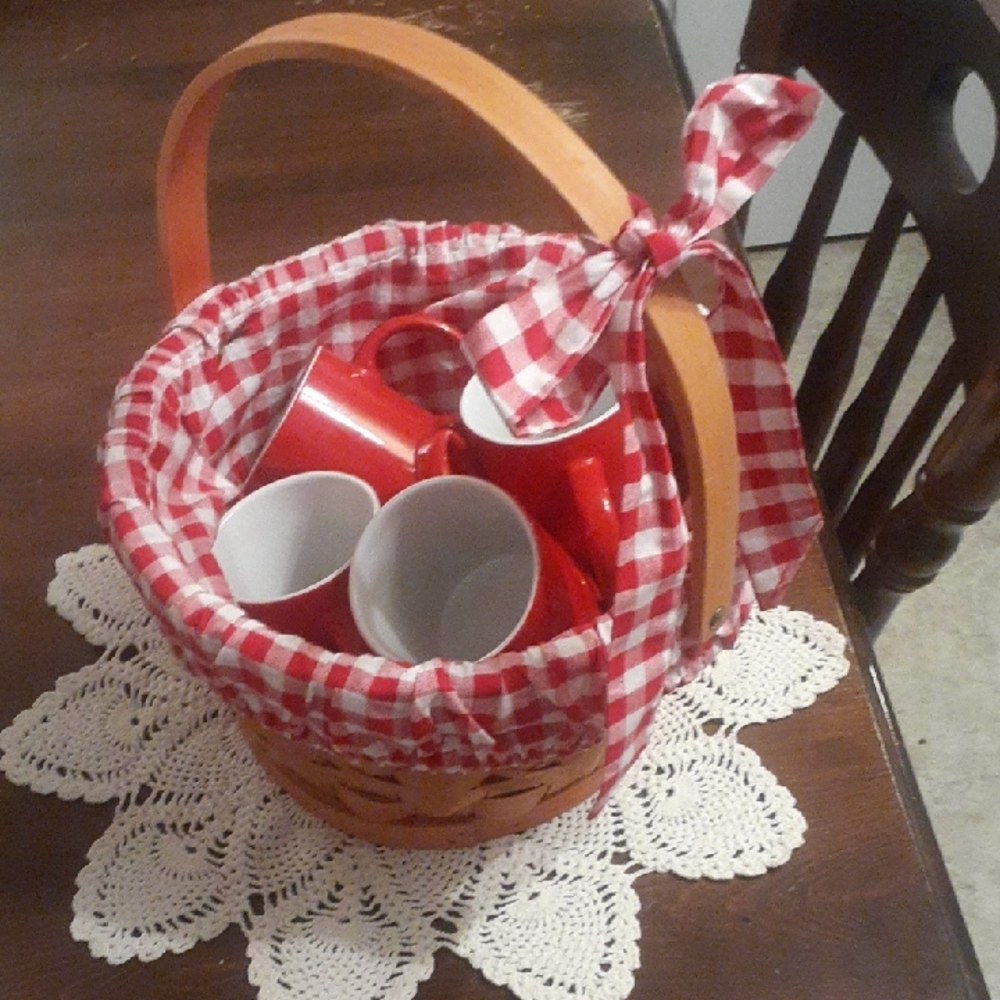 Red RidingHood Basket W/lined Gingham & 4 Red Mugs